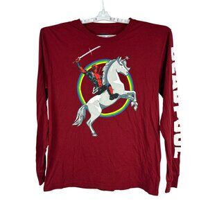 Deadpool Maroon Long Sleeve Shirt Comics Riding Unicorn Graphic Size LG